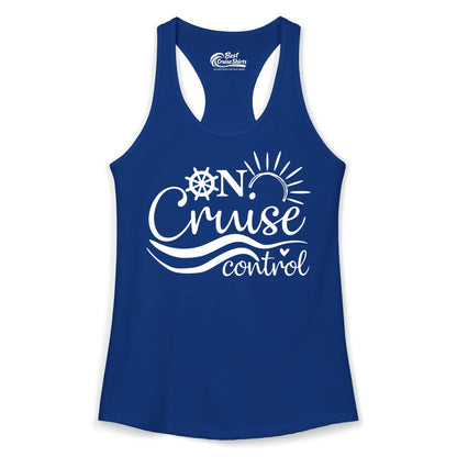 On Cruise Control Shirt - Fun Nautical Cruise Vacation Apparel Tee (Ladies Tank) in Solid Royal - On Cruise Control Shirt - Playful Nautical Sun and Waves Design