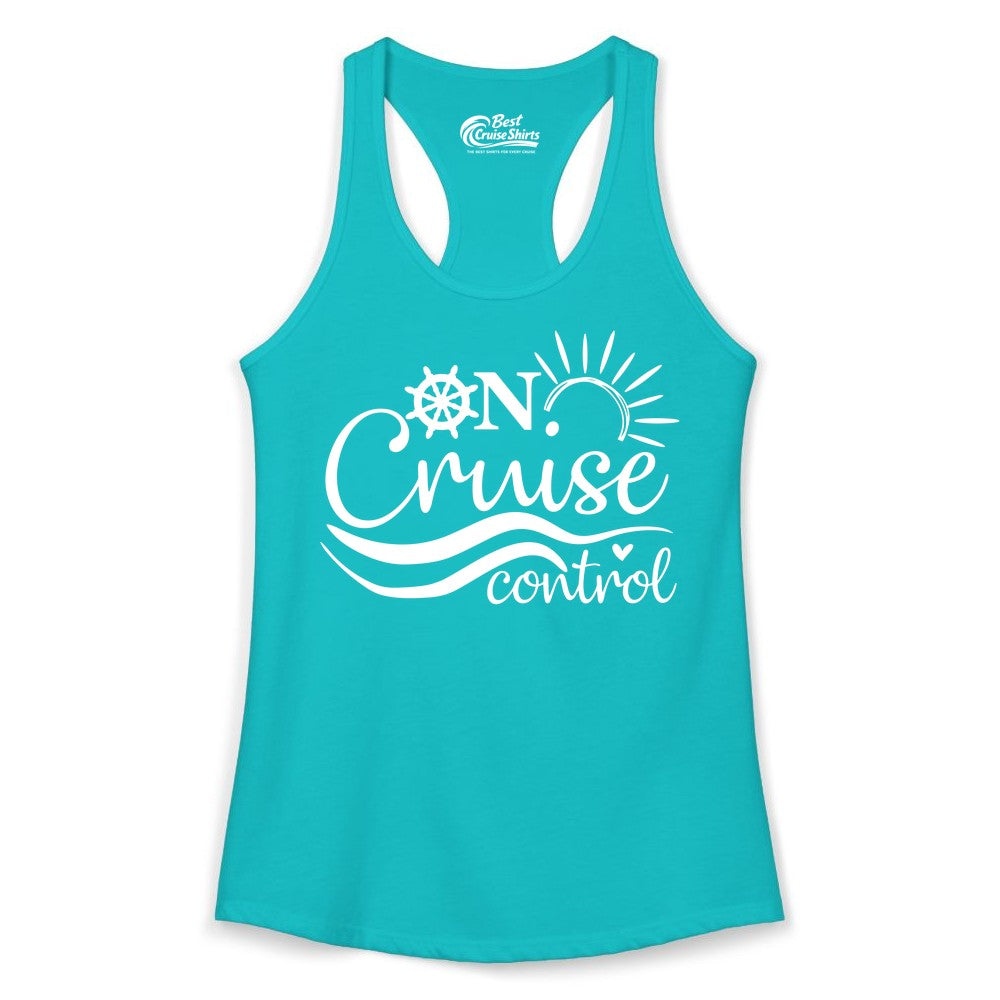 On Cruise Control Shirt - Fun Nautical Cruise Vacation Apparel Tee (Ladies Tank) in Tahiti Blue - On Cruise Control Shirt - Playful Nautical Sun and Waves Design