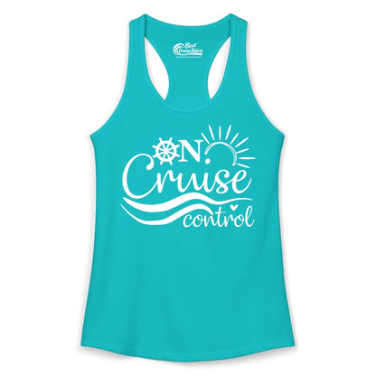 On Cruise Control Shirt - Fun Nautical Cruise Vacation Apparel Tee (Ladies Tank) in Tahiti Blue - On Cruise Control Shirt - Playful Nautical Sun and Waves Design