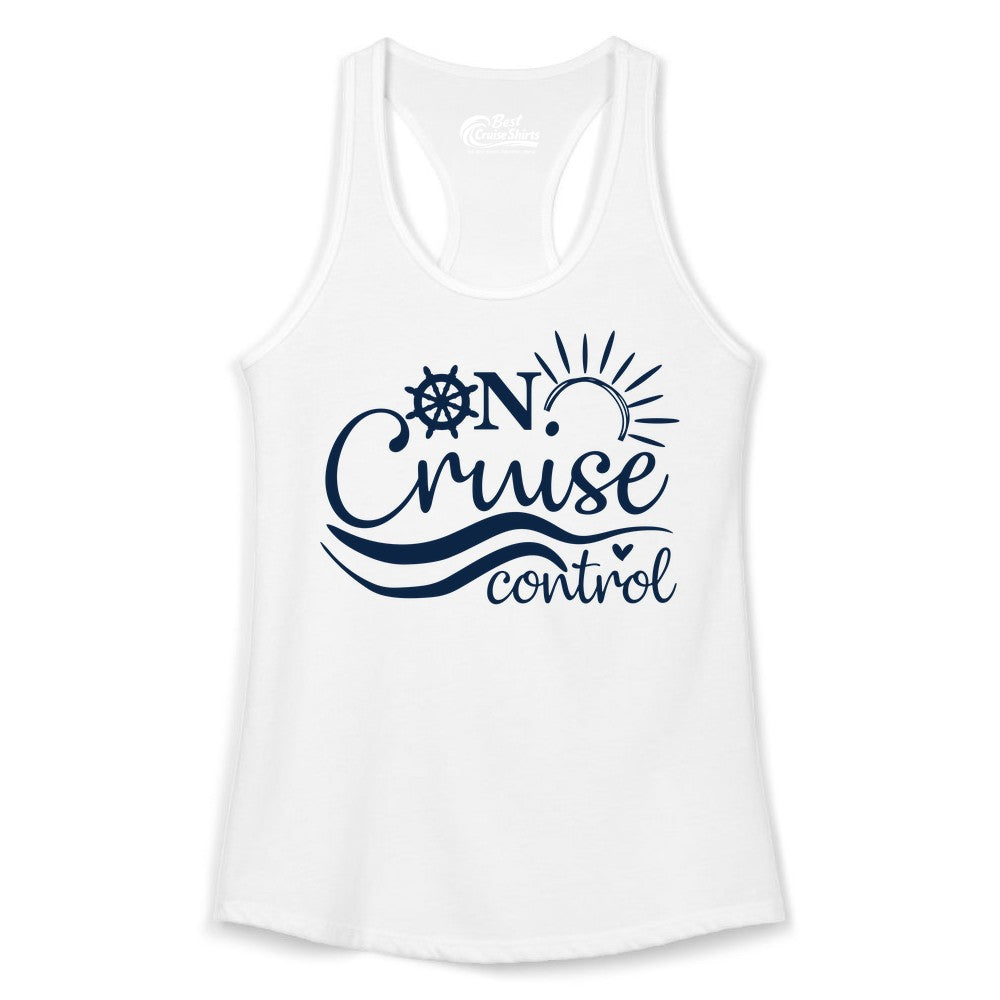 On Cruise Control Shirt - Fun Nautical Cruise Vacation Apparel Tee (Ladies Tank) in White - On Cruise Control Shirt - Playful Nautical Sun and Waves Design