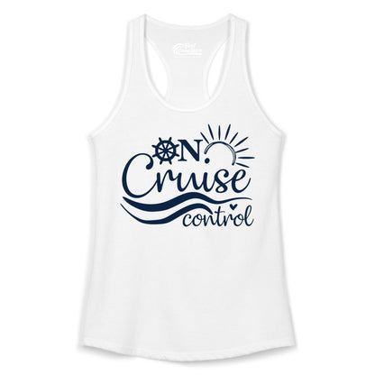 On Cruise Control Shirt - Fun Nautical Cruise Vacation Apparel Tee (Ladies Tank) in White - On Cruise Control Shirt - Playful Nautical Sun and Waves Design