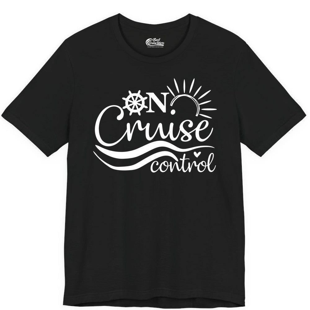 On Cruise Control Shirt - Fun Nautical Cruise Vacation Apparel Tee (Premium Tee) in Black - On Cruise Control Shirt - Playful Nautical Sun and Waves Design