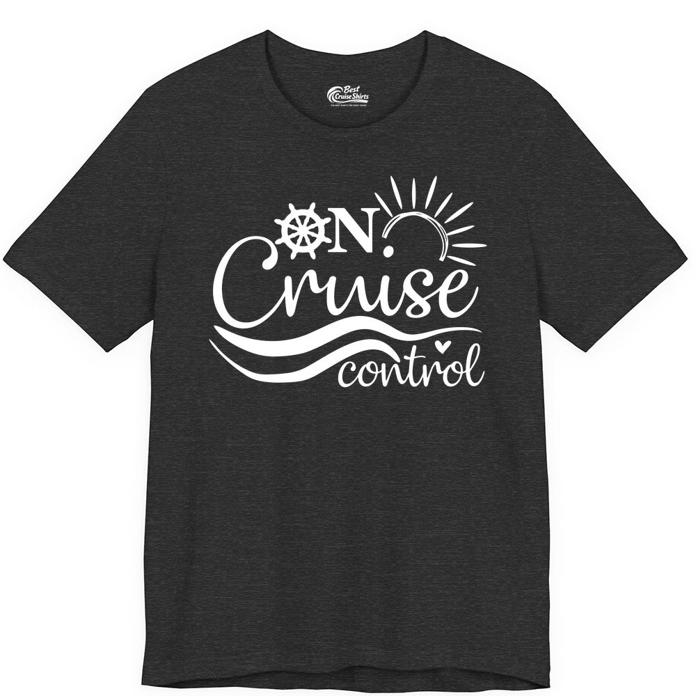 On Cruise Control Shirt - Fun Nautical Cruise Vacation Apparel Tee (Premium Tee) in Dark Grey Heather - On Cruise Control Shirt - Playful Nautical Sun and Waves Design