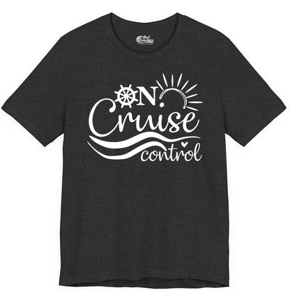 On Cruise Control Shirt - Fun Nautical Cruise Vacation Apparel Tee (Premium Tee) in Dark Grey Heather - On Cruise Control Shirt - Playful Nautical Sun and Waves Design