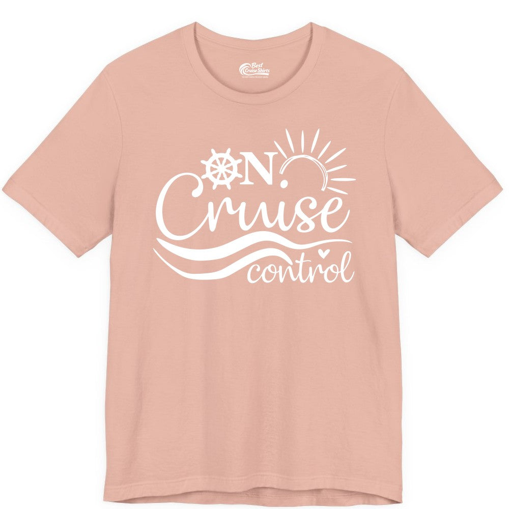 On Cruise Control Shirt - Fun Nautical Cruise Vacation Apparel Tee (Premium Tee) in Peach - On Cruise Control Shirt - Playful Nautical Sun and Waves Design