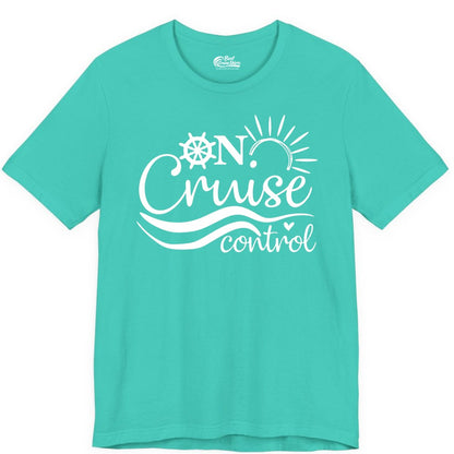 On Cruise Control Shirt - Fun Nautical Cruise Vacation Apparel Tee (Premium Tee) in Teal - On Cruise Control Shirt - Playful Nautical Sun and Waves Design