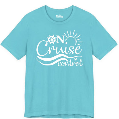 On Cruise Control Shirt - Fun Nautical Cruise Vacation Apparel Tee (Premium Tee) in Turquoise - On Cruise Control Shirt - Playful Nautical Sun and Waves Design