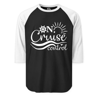 On Cruise Control Shirt - Fun Nautical Cruise Vacation Apparel Tee (Raglan) in BlackWhite - On Cruise Control Shirt - Playful Nautical Sun and Waves Design