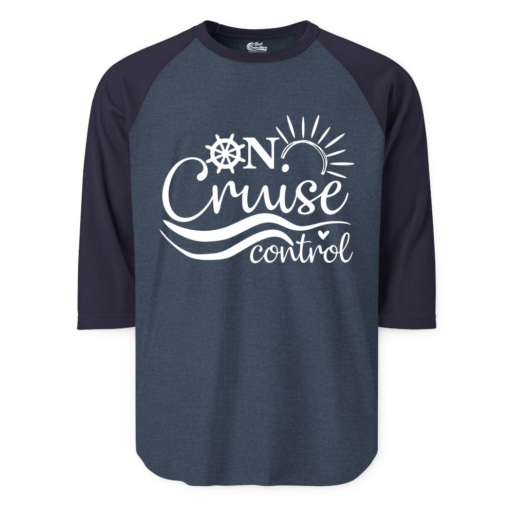 On Cruise Control Shirt - Fun Nautical Cruise Vacation Apparel Tee (Raglan) in Heather DenimNavy - On Cruise Control Shirt - Playful Nautical Sun and Waves Design