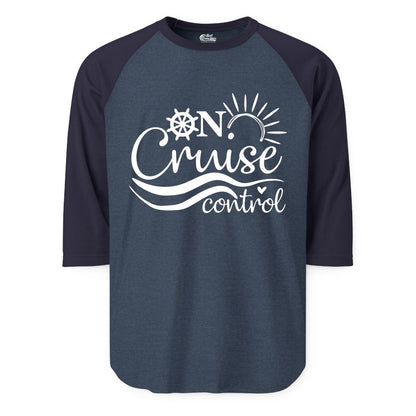 On Cruise Control Shirt - Fun Nautical Cruise Vacation Apparel Tee (Raglan) in Heather DenimNavy - On Cruise Control Shirt - Playful Nautical Sun and Waves Design