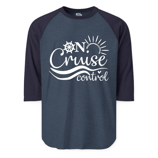 On Cruise Control Shirt - Fun Nautical Cruise Vacation Apparel Tee (Raglan) in Heather DenimNavy - On Cruise Control Shirt - Playful Nautical Sun and Waves Design