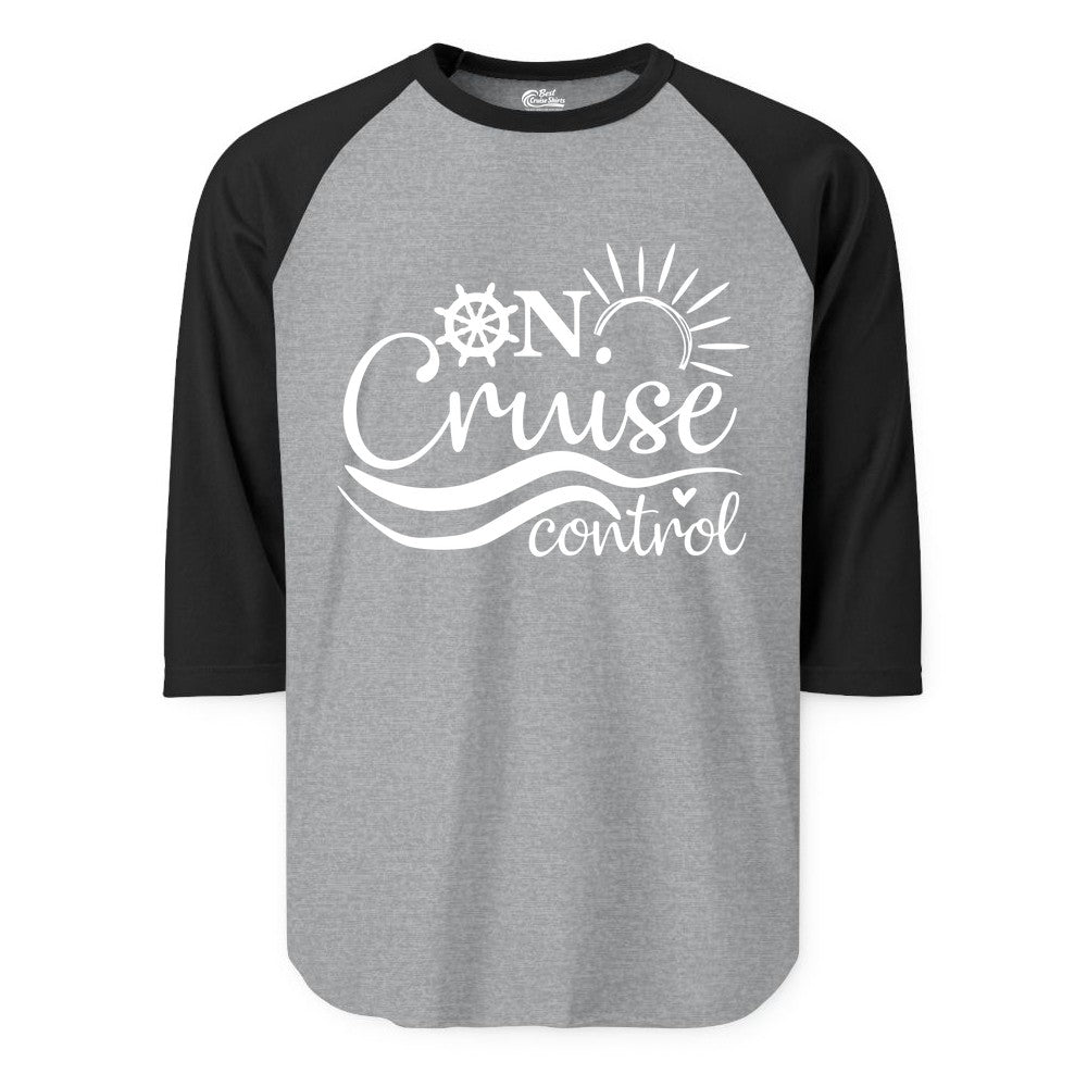 On Cruise Control Shirt - Fun Nautical Cruise Vacation Apparel Tee (Raglan) in Heather GreyBlack - On Cruise Control Shirt - Playful Nautical Sun and Waves Design