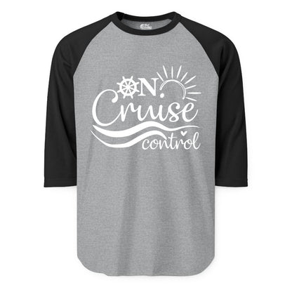 On Cruise Control Shirt - Fun Nautical Cruise Vacation Apparel Tee (Raglan) in Heather GreyBlack - On Cruise Control Shirt - Playful Nautical Sun and Waves Design