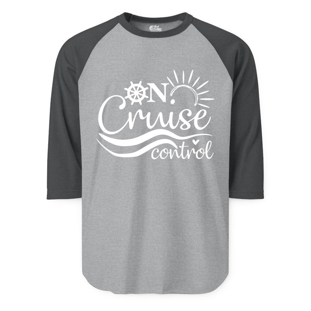 On Cruise Control Shirt - Fun Nautical Cruise Vacation Apparel Tee (Raglan) in Heather GreyHeather Charcoal - On Cruise Control Shirt - Playful Nautical Sun and Waves Design