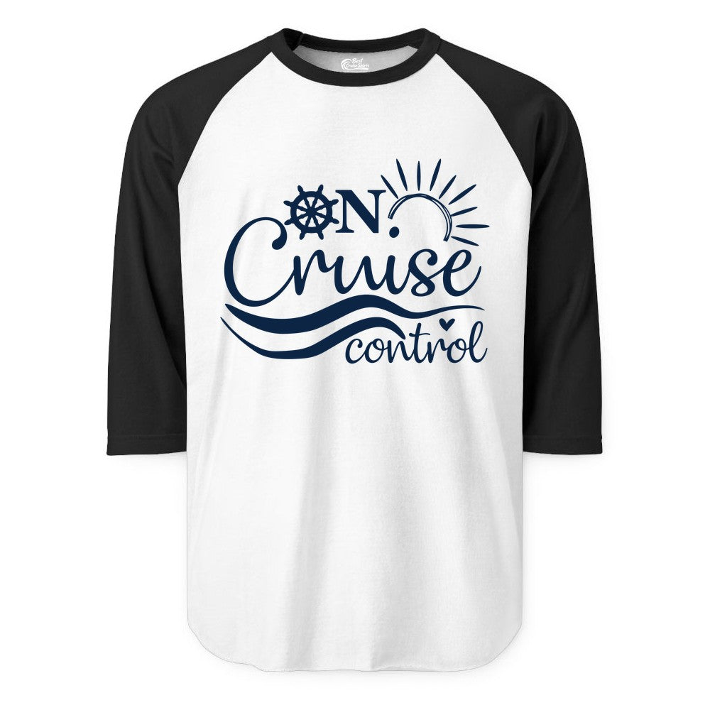 On Cruise Control Shirt - Fun Nautical Cruise Vacation Apparel Tee (Raglan) in WhiteBlack - On Cruise Control Shirt - Playful Nautical Sun and Waves Design