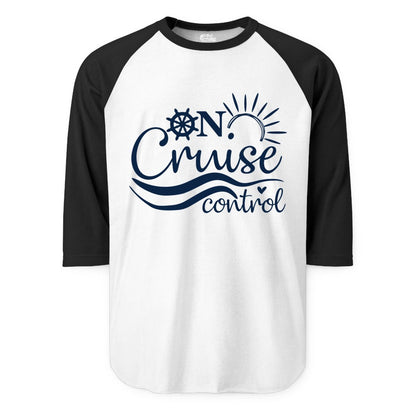 On Cruise Control Shirt - Fun Nautical Cruise Vacation Apparel Tee (Raglan) in WhiteBlack - On Cruise Control Shirt - Playful Nautical Sun and Waves Design