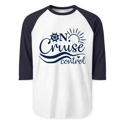 On Cruise Control Shirt - Fun Nautical Cruise Vacation Apparel Tee (Raglan) in WhiteNavy - On Cruise Control Shirt - Playful Nautical Sun and Waves Design