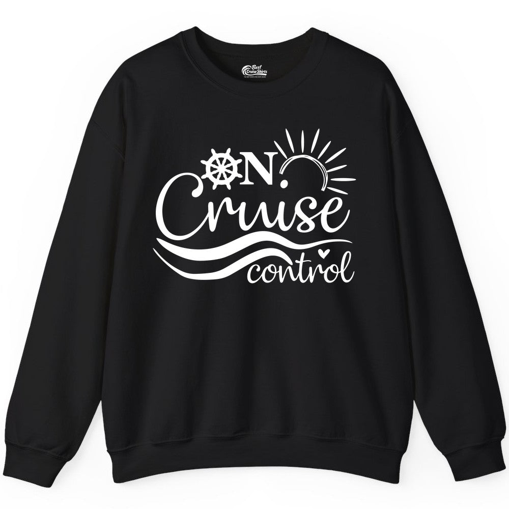 On Cruise Control Shirt - Fun Nautical Cruise Vacation Apparel Tee (Sweatshirt) in Black - On Cruise Control Shirt - Playful Nautical Sun and Waves Design