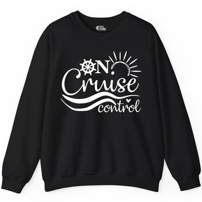 On Cruise Control Shirt - Fun Nautical Cruise Vacation Apparel Tee (Sweatshirt) in Black - On Cruise Control Shirt - Playful Nautical Sun and Waves Design