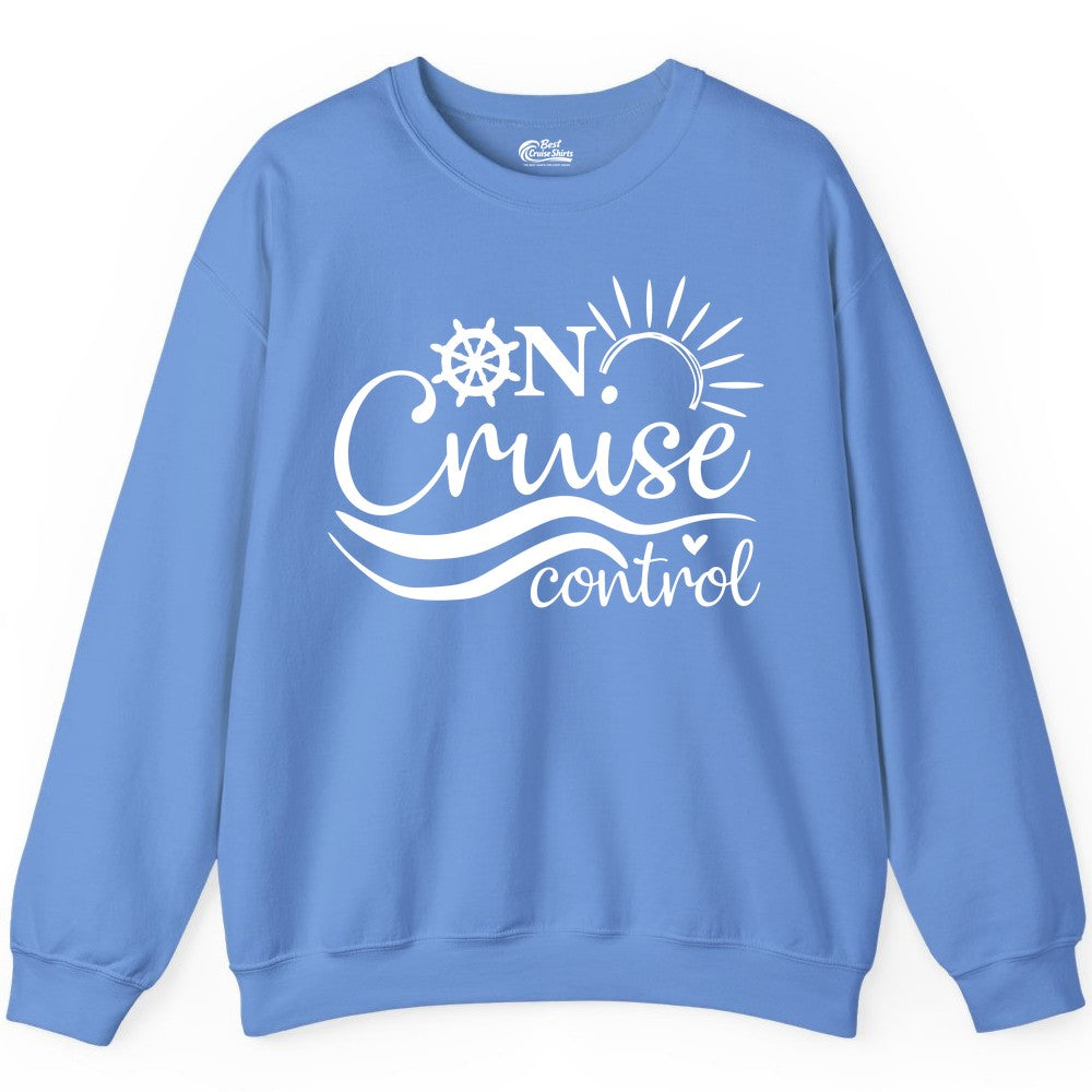 On Cruise Control Shirt - Fun Nautical Cruise Vacation Apparel Tee (Sweatshirt) in Carolina Blue - On Cruise Control Shirt - Playful Nautical Sun and Waves Design