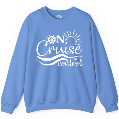 On Cruise Control Shirt - Fun Nautical Cruise Vacation Apparel Tee (Sweatshirt) in Carolina Blue - On Cruise Control Shirt - Playful Nautical Sun and Waves Design