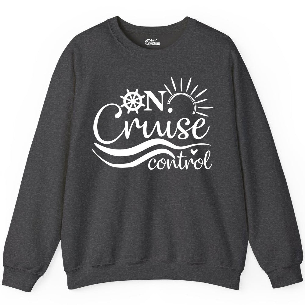 On Cruise Control Shirt - Fun Nautical Cruise Vacation Apparel Tee (Sweatshirt) in Dark Heather - On Cruise Control Shirt - Playful Nautical Sun and Waves Design