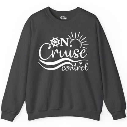 On Cruise Control Shirt - Fun Nautical Cruise Vacation Apparel Tee (Sweatshirt) in Dark Heather - On Cruise Control Shirt - Playful Nautical Sun and Waves Design
