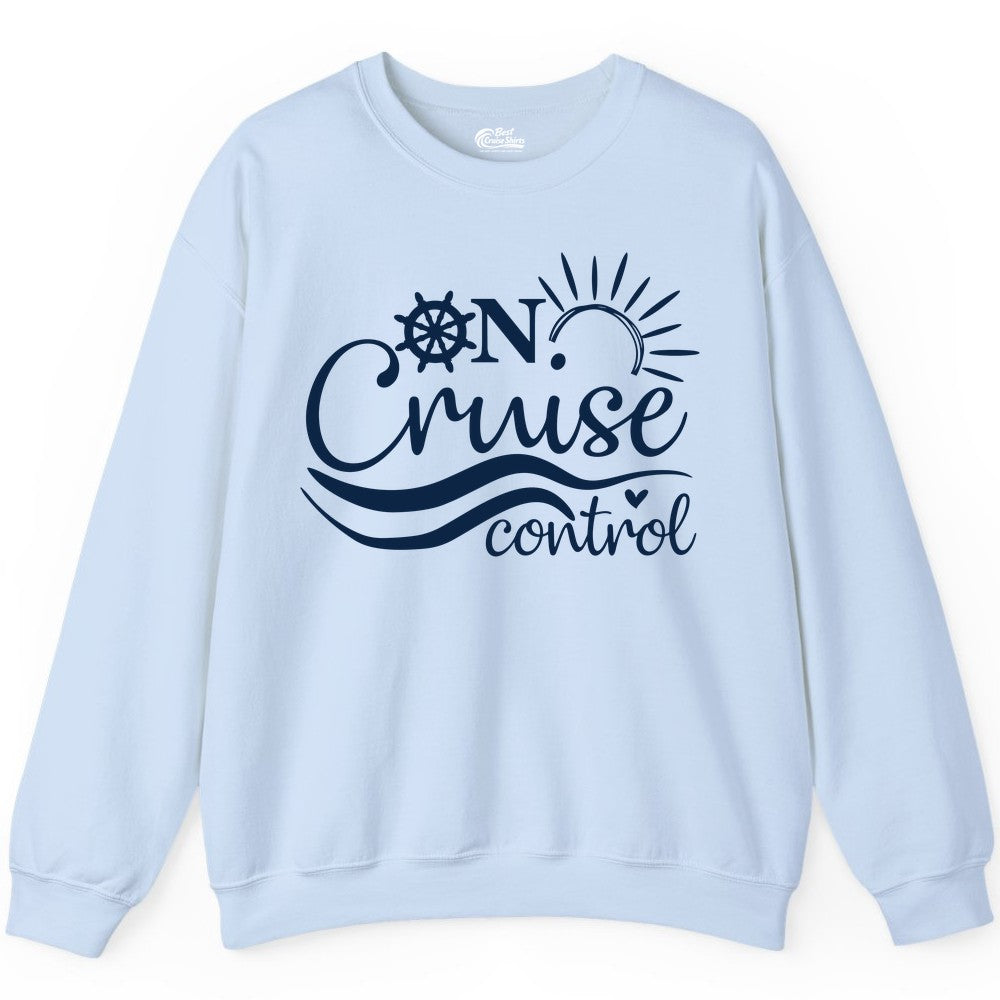 On Cruise Control Shirt - Fun Nautical Cruise Vacation Apparel Tee (Sweatshirt) in Light Blue - On Cruise Control Shirt - Playful Nautical Sun and Waves Design