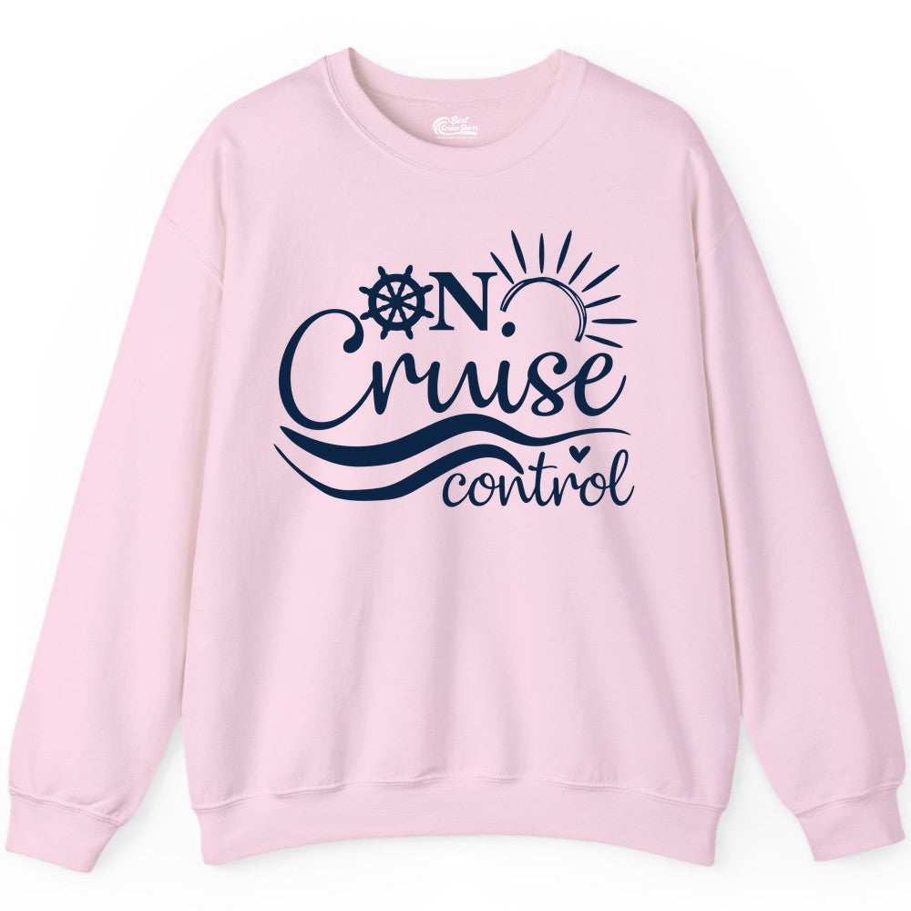On Cruise Control Shirt - Fun Nautical Cruise Vacation Apparel Tee (Sweatshirt) in Light Pink - On Cruise Control Shirt - Playful Nautical Sun and Waves Design