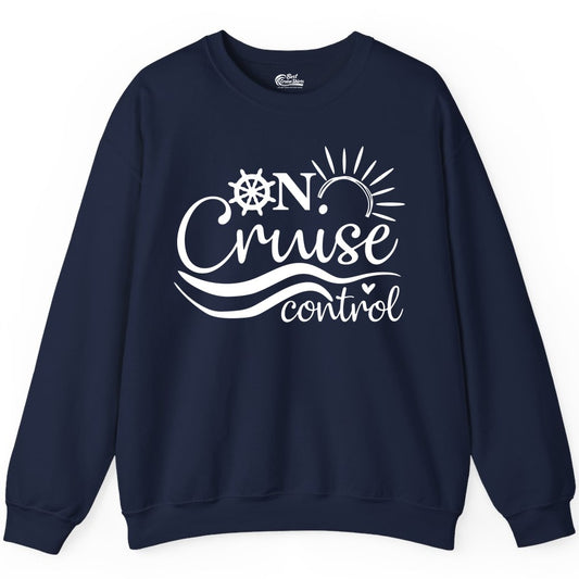 On Cruise Control Shirt - Fun Nautical Cruise Vacation Apparel Tee (Sweatshirt) in Navy - On Cruise Control Shirt - Playful Nautical Sun and Waves Design