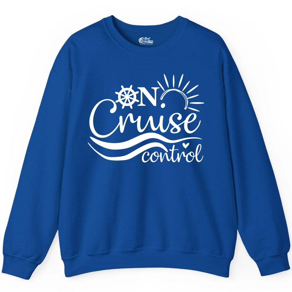 On Cruise Control Shirt - Fun Nautical Cruise Vacation Apparel Tee (Sweatshirt) in Royal - On Cruise Control Shirt - Playful Nautical Sun and Waves Design