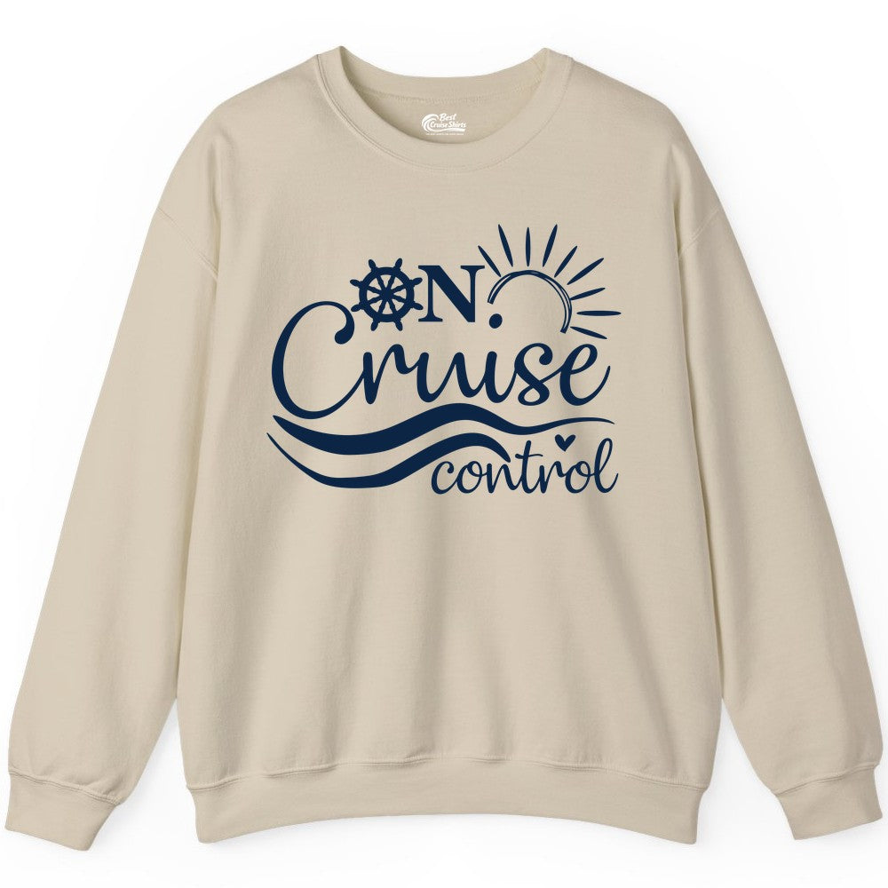 On Cruise Control Shirt - Fun Nautical Cruise Vacation Apparel Tee (Sweatshirt) in Sand - On Cruise Control Shirt - Playful Nautical Sun and Waves Design