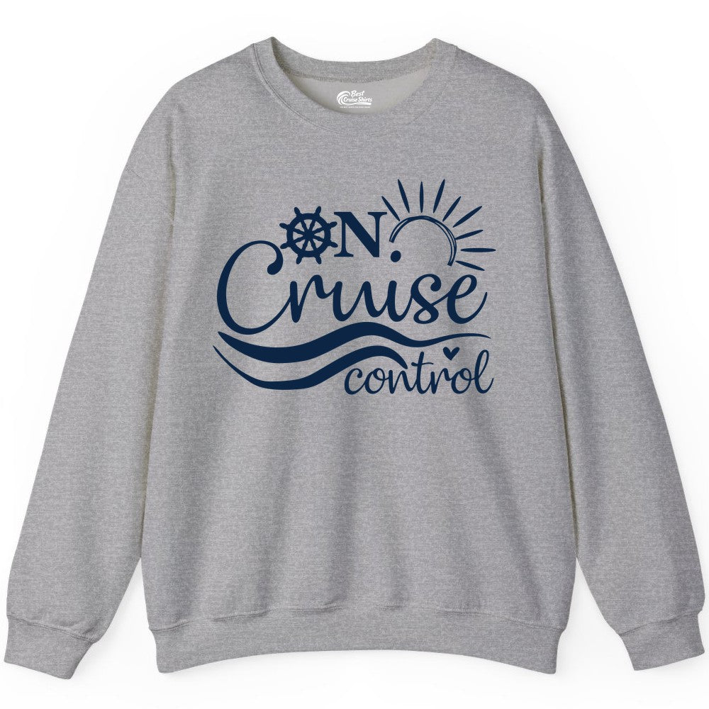On Cruise Control Shirt - Fun Nautical Cruise Vacation Apparel Tee (Sweatshirt) in Sport Grey - On Cruise Control Shirt - Playful Nautical Sun and Waves Design