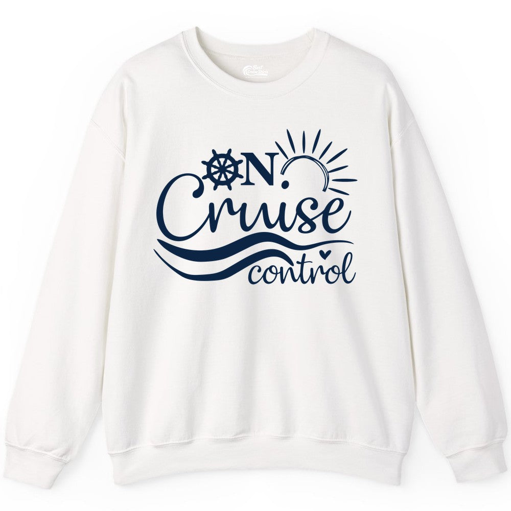 On Cruise Control Shirt - Fun Nautical Cruise Vacation Apparel Tee (Sweatshirt) in White - On Cruise Control Shirt - Playful Nautical Sun and Waves Design