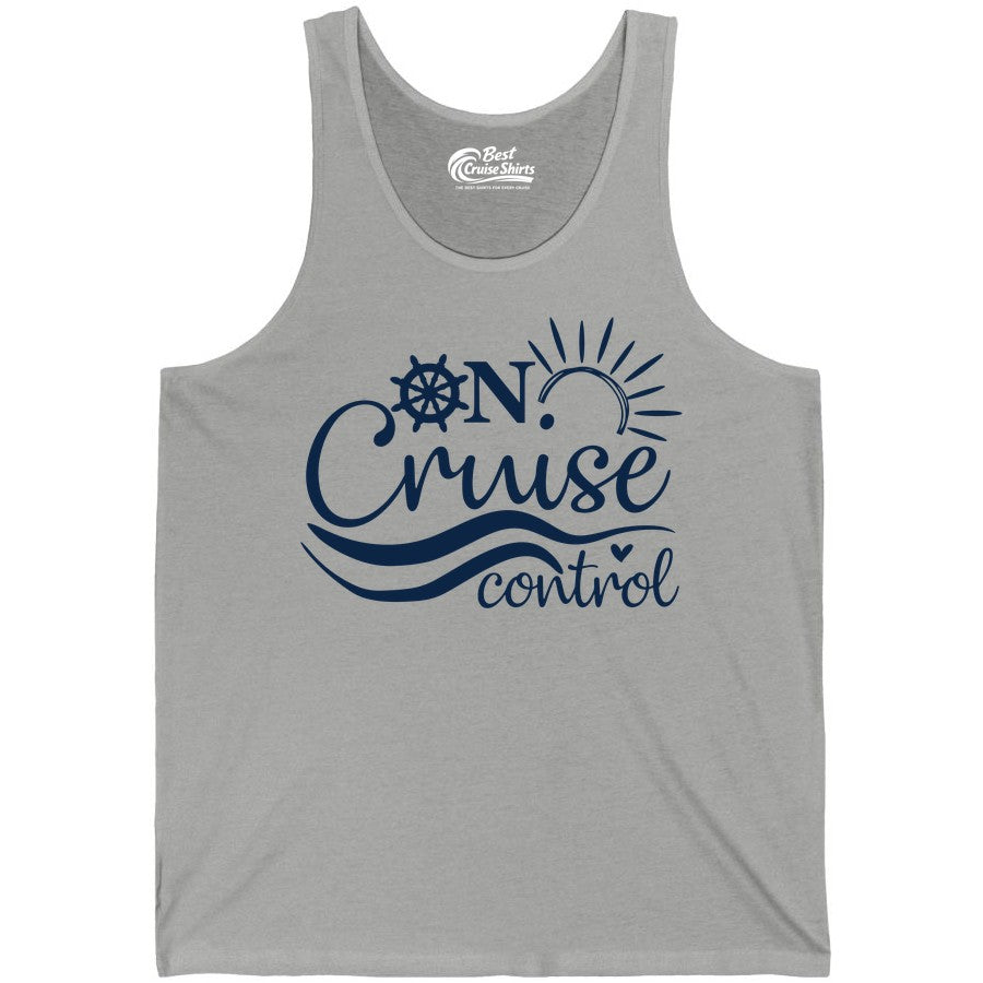 On Cruise Control Shirt - Fun Nautical Cruise Vacation Apparel Tee (Tank Top) in Athletic Heather - On Cruise Control Shirt - Playful Nautical Sun and Waves Design