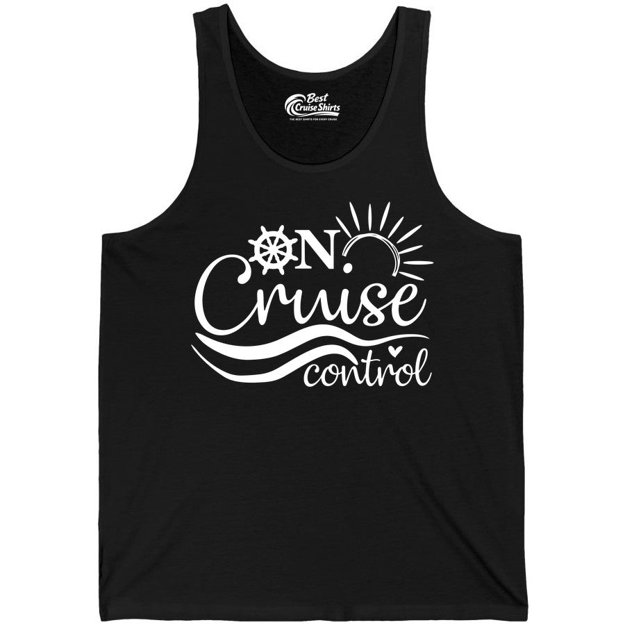 On Cruise Control Shirt - Fun Nautical Cruise Vacation Apparel Tee (Tank Top) in Black - On Cruise Control Shirt - Playful Nautical Sun and Waves Design