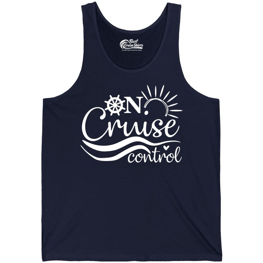 On Cruise Control Shirt - Fun Nautical Cruise Vacation Apparel Tee (Tank Top) in Navy - On Cruise Control Shirt - Playful Nautical Sun and Waves Design