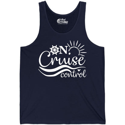 On Cruise Control Shirt - Fun Nautical Cruise Vacation Apparel Tee (Tank Top) in Navy - On Cruise Control Shirt - Playful Nautical Sun and Waves Design
