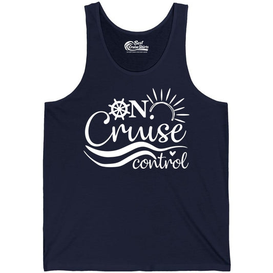 On Cruise Control Shirt - Fun Nautical Cruise Vacation Apparel Tee (Tank Top) in Navy - On Cruise Control Shirt - Playful Nautical Sun and Waves Design