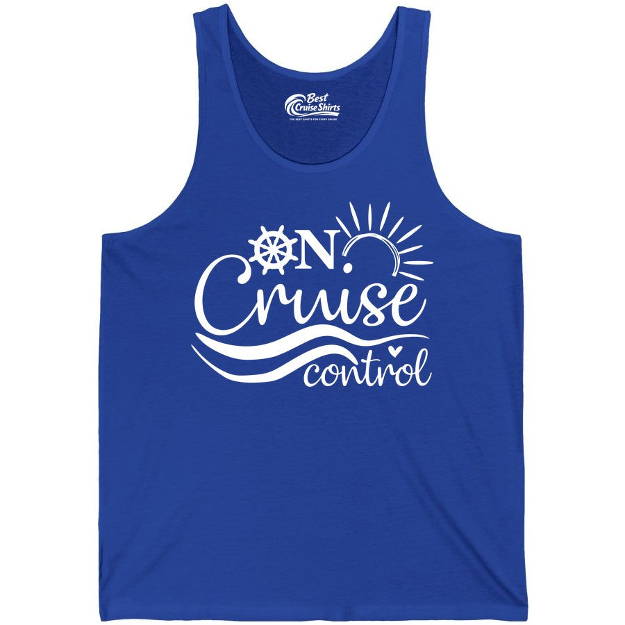 On Cruise Control Shirt - Fun Nautical Cruise Vacation Apparel Tee (Tank Top) in True Royal - On Cruise Control Shirt - Playful Nautical Sun and Waves Design