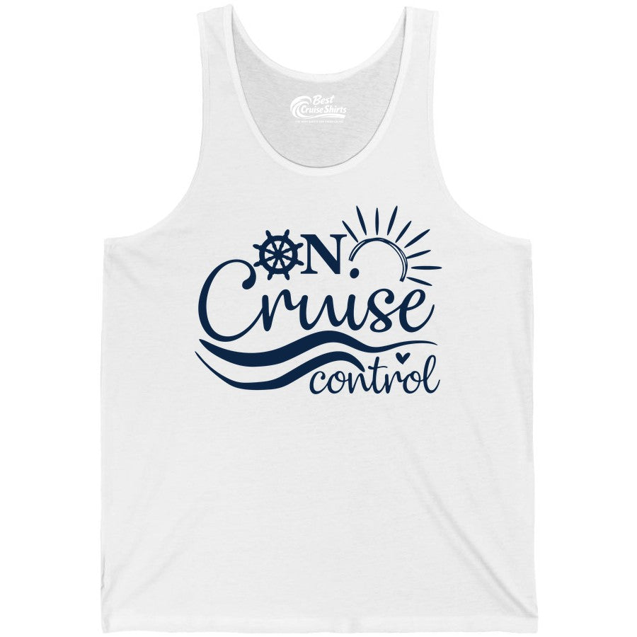 On Cruise Control Shirt - Fun Nautical Cruise Vacation Apparel Tee (Tank Top) in White - On Cruise Control Shirt - Playful Nautical Sun and Waves Design