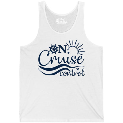 On Cruise Control Shirt - Fun Nautical Cruise Vacation Apparel Tee (Tank Top) in White - On Cruise Control Shirt - Playful Nautical Sun and Waves Design