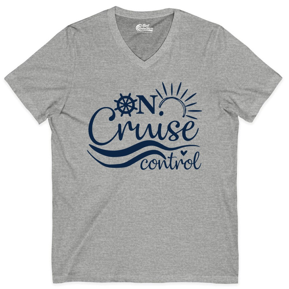 On Cruise Control Shirt - Fun Nautical Cruise Vacation Apparel Tee (V-Neck) in Athletic Heather - On Cruise Control Shirt - Playful Nautical Sun and Waves Design