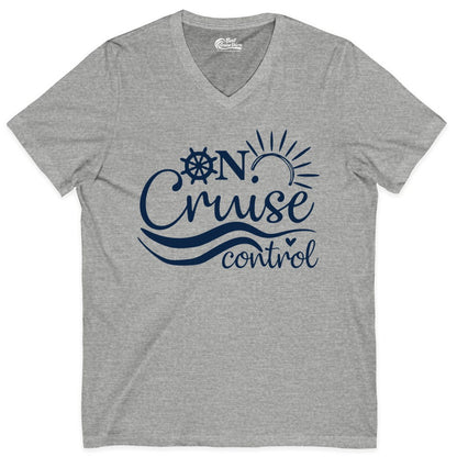 On Cruise Control Shirt - Fun Nautical Cruise Vacation Apparel Tee (V-Neck) in Athletic Heather - On Cruise Control Shirt - Playful Nautical Sun and Waves Design