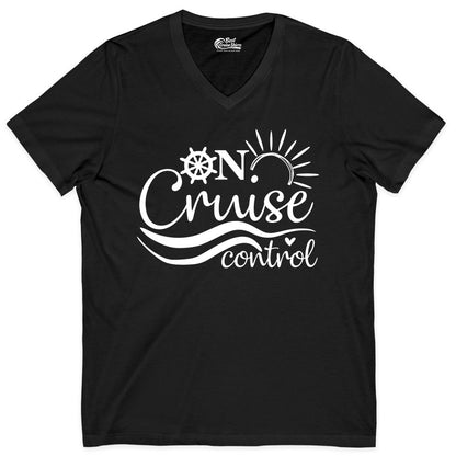 On Cruise Control Shirt - Fun Nautical Cruise Vacation Apparel Tee (V-Neck) in Black - On Cruise Control Shirt - Playful Nautical Sun and Waves Design