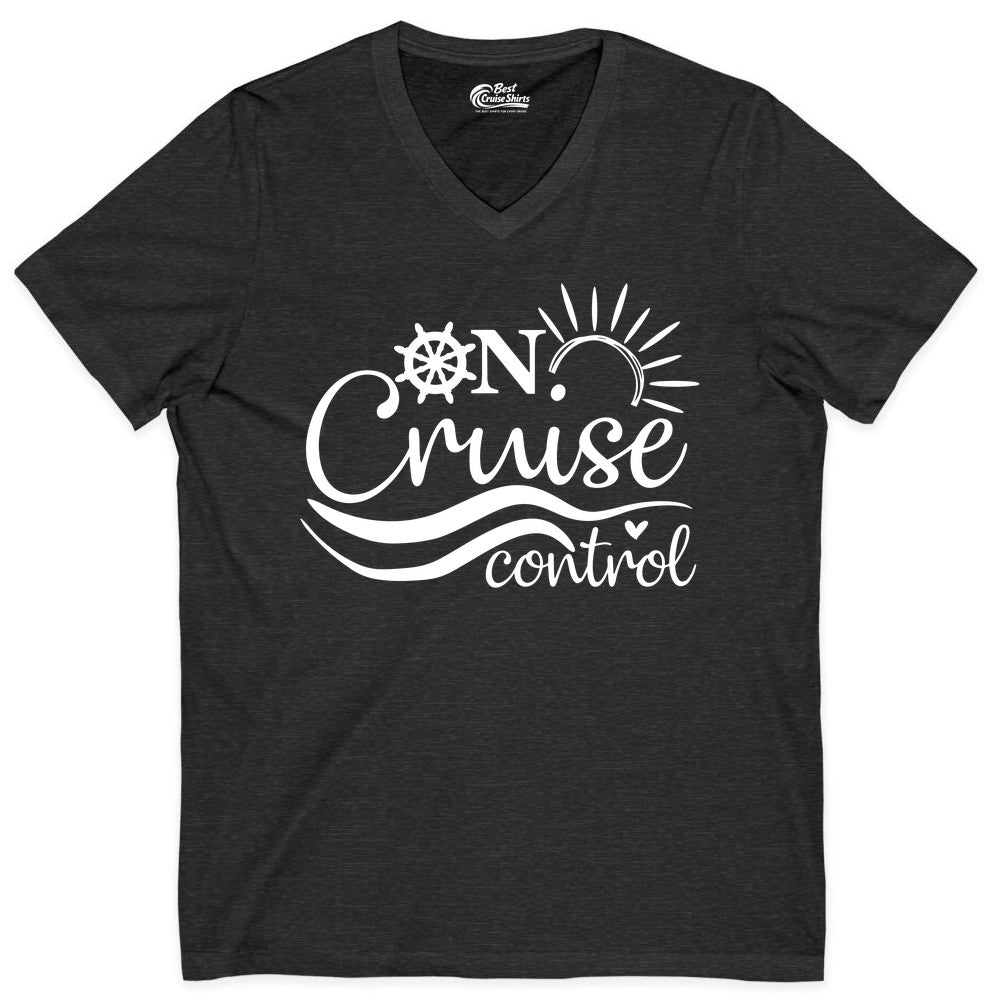 On Cruise Control Shirt - Fun Nautical Cruise Vacation Apparel Tee (V-Neck) in Dark Grey Heather - On Cruise Control Shirt - Playful Nautical Sun and Waves Design