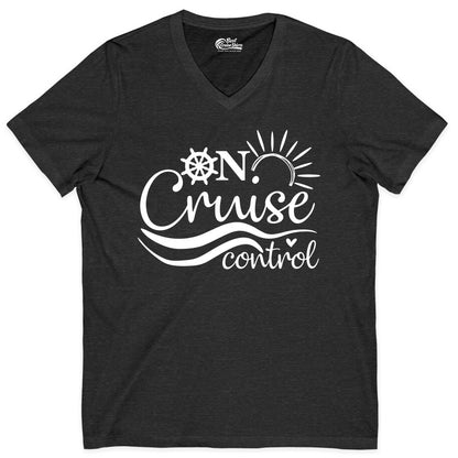 On Cruise Control Shirt - Fun Nautical Cruise Vacation Apparel Tee (V-Neck) in Dark Grey Heather - On Cruise Control Shirt - Playful Nautical Sun and Waves Design