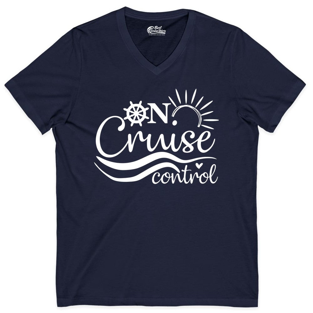 On Cruise Control Shirt - Fun Nautical Cruise Vacation Apparel Tee (V-Neck) in Navy - On Cruise Control Shirt - Playful Nautical Sun and Waves Design