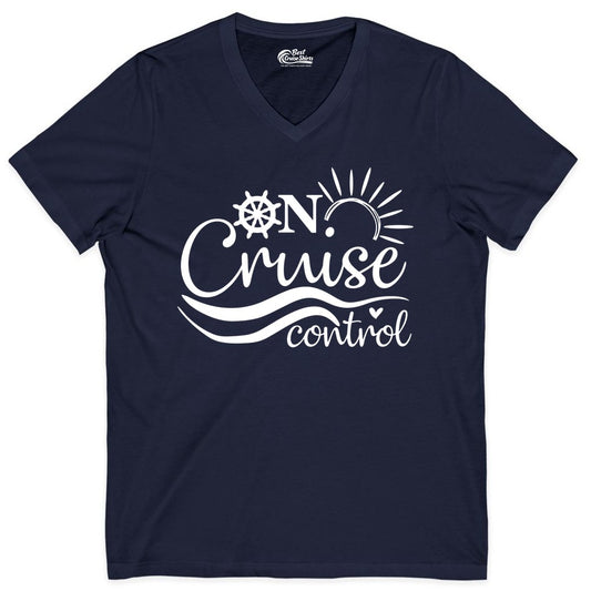 On Cruise Control Shirt - Fun Nautical Cruise Vacation Apparel Tee (V-Neck) in Navy - On Cruise Control Shirt - Playful Nautical Sun and Waves Design