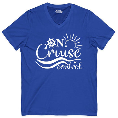 On Cruise Control Shirt - Fun Nautical Cruise Vacation Apparel Tee (V-Neck) in True Royal - On Cruise Control Shirt - Playful Nautical Sun and Waves Design